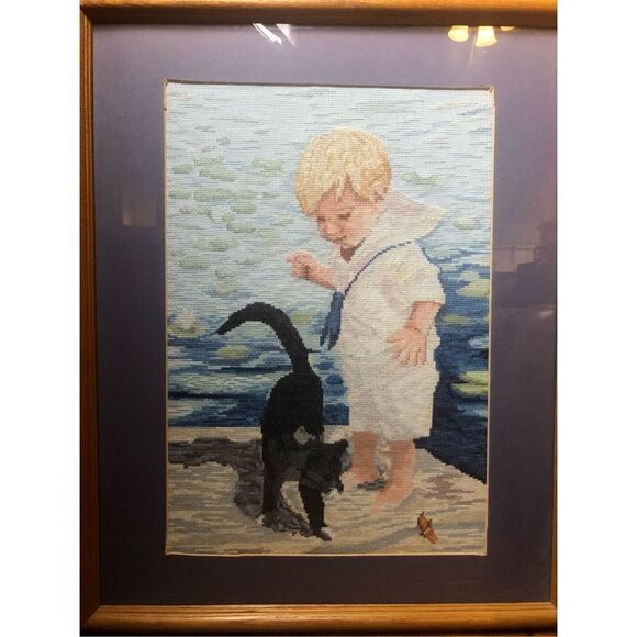 Finished and Framed Cross Stitch Janlynn Cross Stitch "Boy With Cat" 21” x 17” - Picture 1 of 11